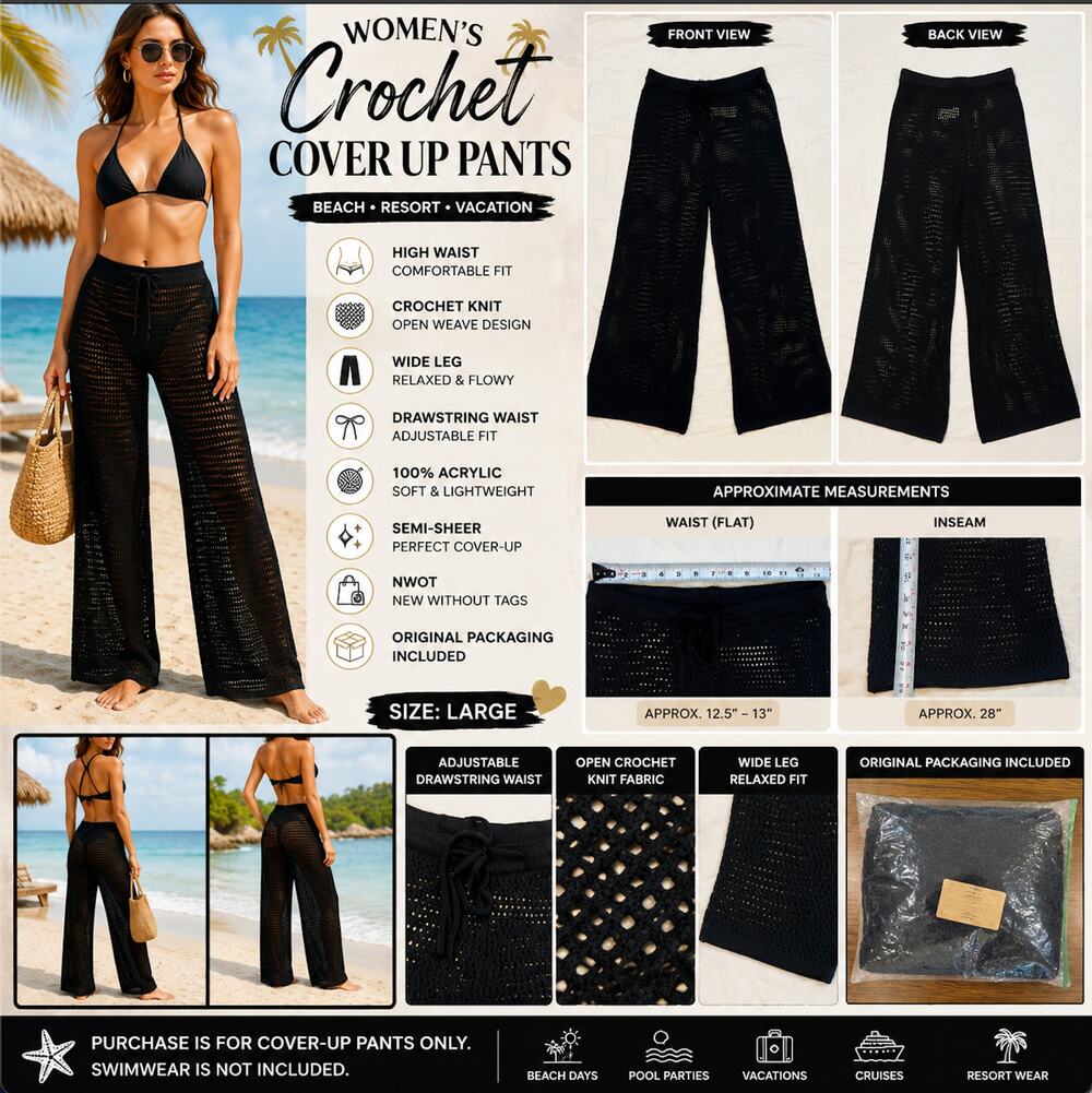 Black Crochet Knit Beach Cover Up Pants High Waist Wide Leg L NWOT